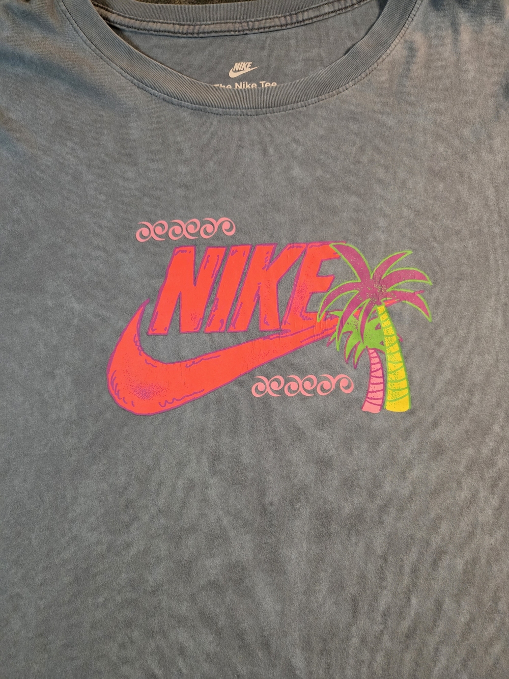 Nike Kids' Gray Tee with Neon Pink Logo and Palm Graphic
